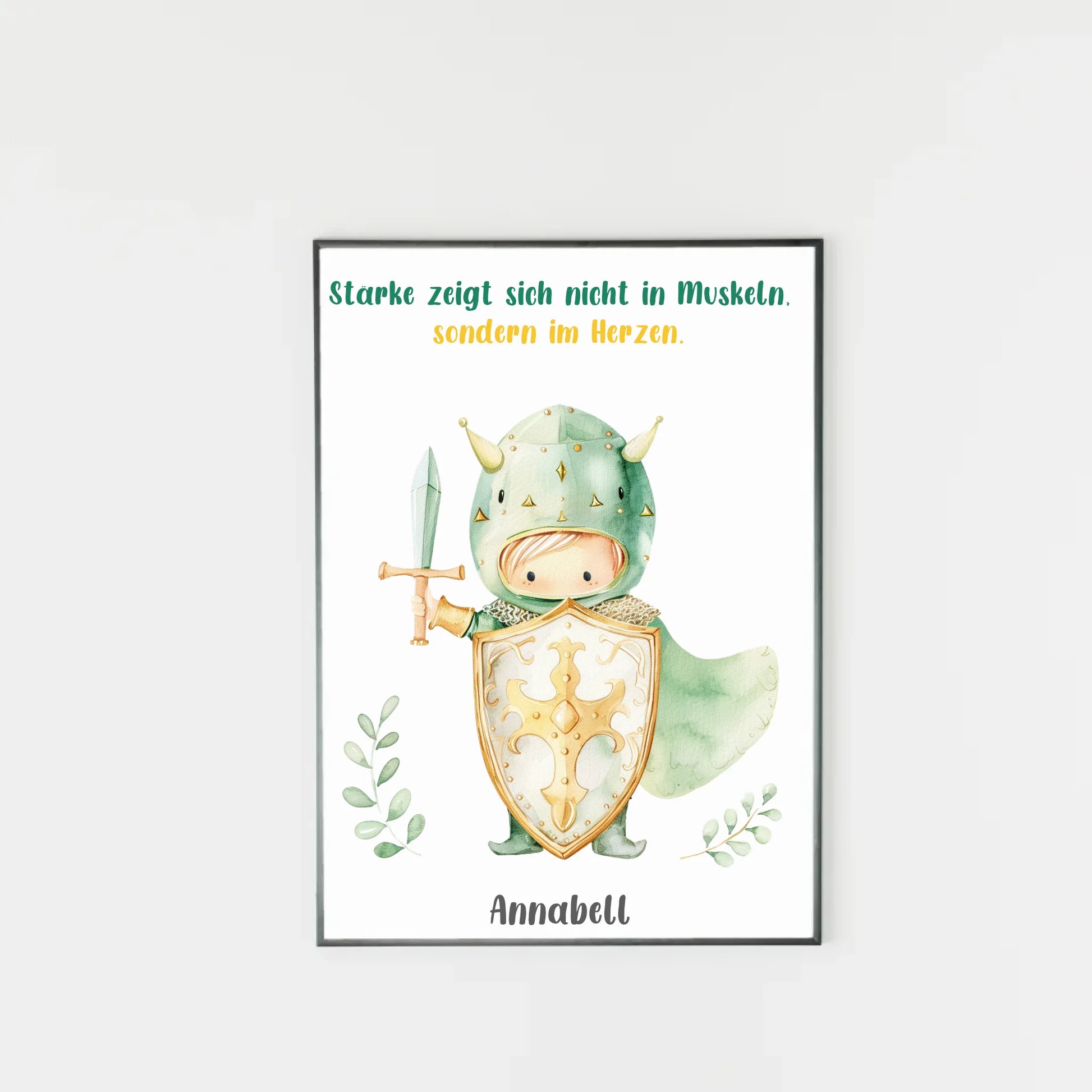 Poster mit wählbarem Clipart-Motiv, hier als Beispiel ein kleiner Ritter mit Schwert, Schild und Umhang. Darüber ein variabler Spruch, unten ein personalisierbarer Name. Sowohl Motiv als auch Text können aus verschiedenen Varianten ausgewählt werden.