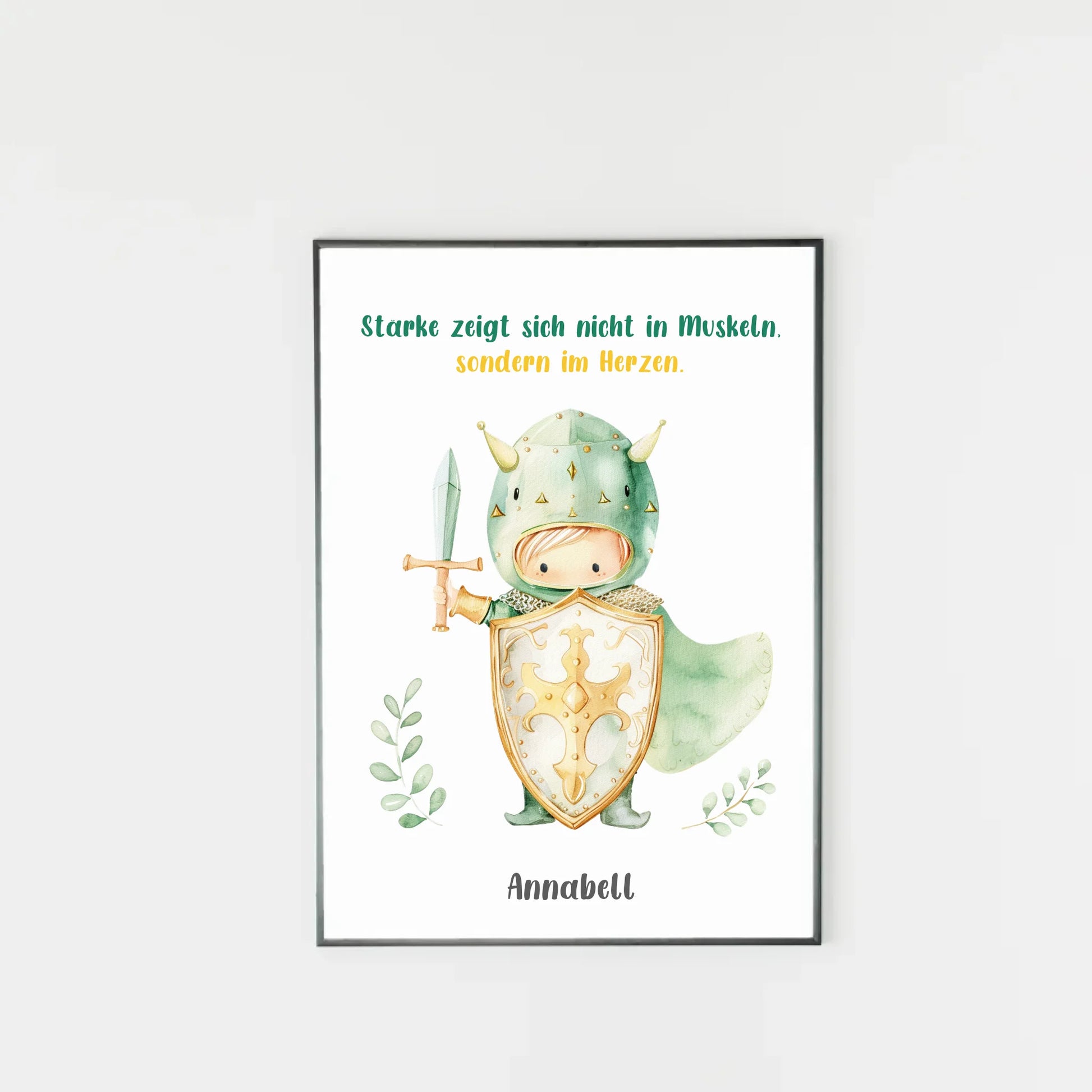 Poster mit wählbarem Clipart-Motiv, hier als Beispiel ein kleiner Ritter mit Schwert, Schild und Umhang. Darüber ein variabler Spruch, unten ein personalisierbarer Name. Sowohl Motiv als auch Text können aus verschiedenen Varianten ausgewählt werden.