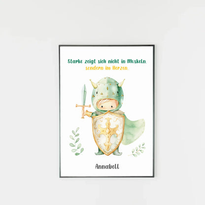 Poster mit wählbarem Clipart-Motiv, hier als Beispiel ein kleiner Ritter mit Schwert, Schild und Umhang. Darüber ein variabler Spruch, unten ein personalisierbarer Name. Sowohl Motiv als auch Text können aus verschiedenen Varianten ausgewählt werden.