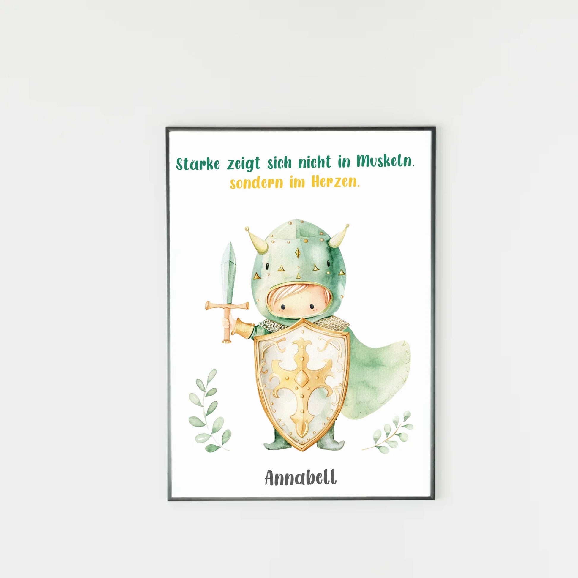 Poster mit wählbarem Clipart-Motiv, hier als Beispiel ein kleiner Ritter mit Schwert, Schild und Umhang. Darüber ein variabler Spruch, unten ein personalisierbarer Name. Sowohl Motiv als auch Text können aus verschiedenen Varianten ausgewählt werden.