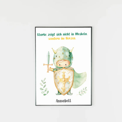 Poster mit wählbarem Clipart-Motiv, hier als Beispiel ein kleiner Ritter mit Schwert, Schild und Umhang. Darüber ein variabler Spruch, unten ein personalisierbarer Name. Sowohl Motiv als auch Text können aus verschiedenen Varianten ausgewählt werden.
