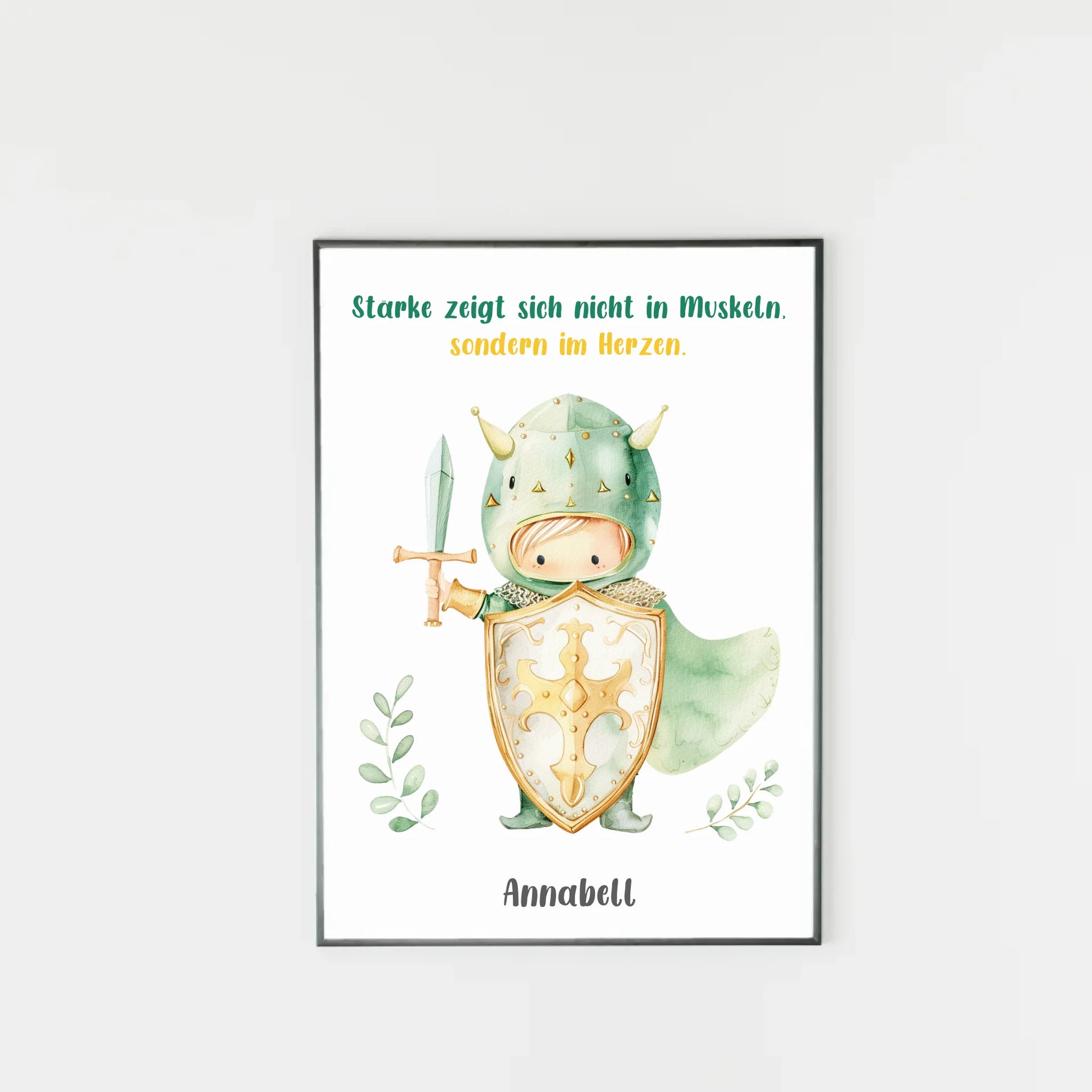 Poster mit wählbarem Clipart-Motiv, hier als Beispiel ein kleiner Ritter mit Schwert, Schild und Umhang. Darüber ein variabler Spruch, unten ein personalisierbarer Name. Sowohl Motiv als auch Text können aus verschiedenen Varianten ausgewählt werden.