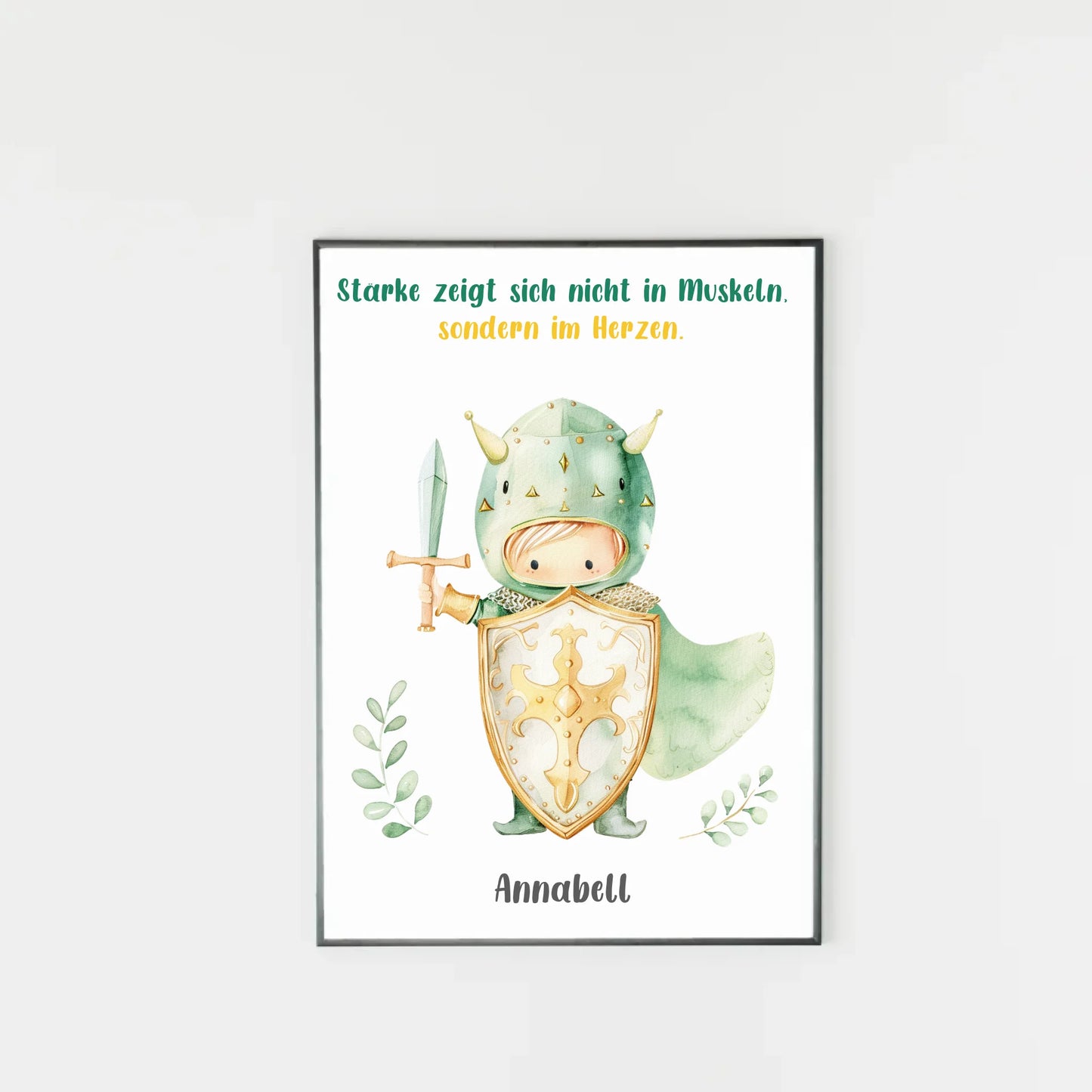 Poster mit wählbarem Clipart-Motiv, hier als Beispiel ein kleiner Ritter mit Schwert, Schild und Umhang. Darüber ein variabler Spruch, unten ein personalisierbarer Name. Sowohl Motiv als auch Text können aus verschiedenen Varianten ausgewählt werden.