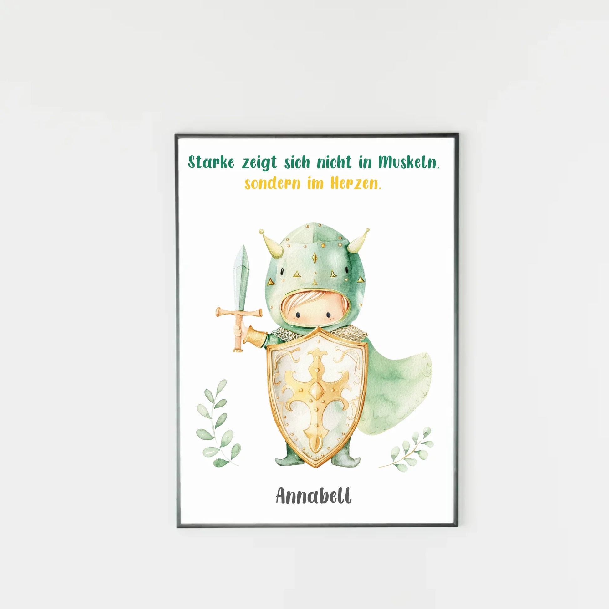 Poster mit wählbarem Clipart-Motiv, hier als Beispiel ein kleiner Ritter mit Schwert, Schild und Umhang. Darüber ein variabler Spruch, unten ein personalisierbarer Name. Sowohl Motiv als auch Text können aus verschiedenen Varianten ausgewählt werden.
