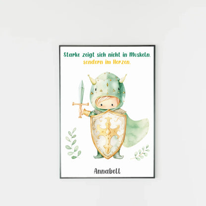 Poster mit wählbarem Clipart-Motiv, hier als Beispiel ein kleiner Ritter mit Schwert, Schild und Umhang. Darüber ein variabler Spruch, unten ein personalisierbarer Name. Sowohl Motiv als auch Text können aus verschiedenen Varianten ausgewählt werden.