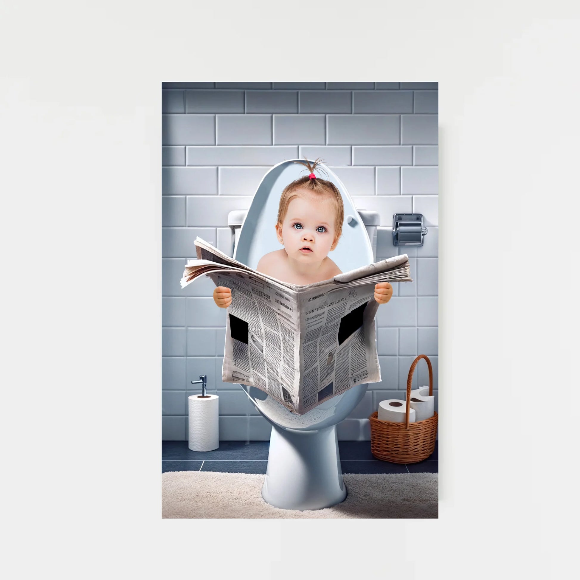 Poster mit Illustration eines Babys, das auf einer Toilette sitzt und eine Zeitung hält. Der Oberkörper ist personalisierbar, die Hände sind in verschiedenen Varianten auswählbar. Badezimmer-Hintergrund, Toilette und Zeitung bleiben fest.