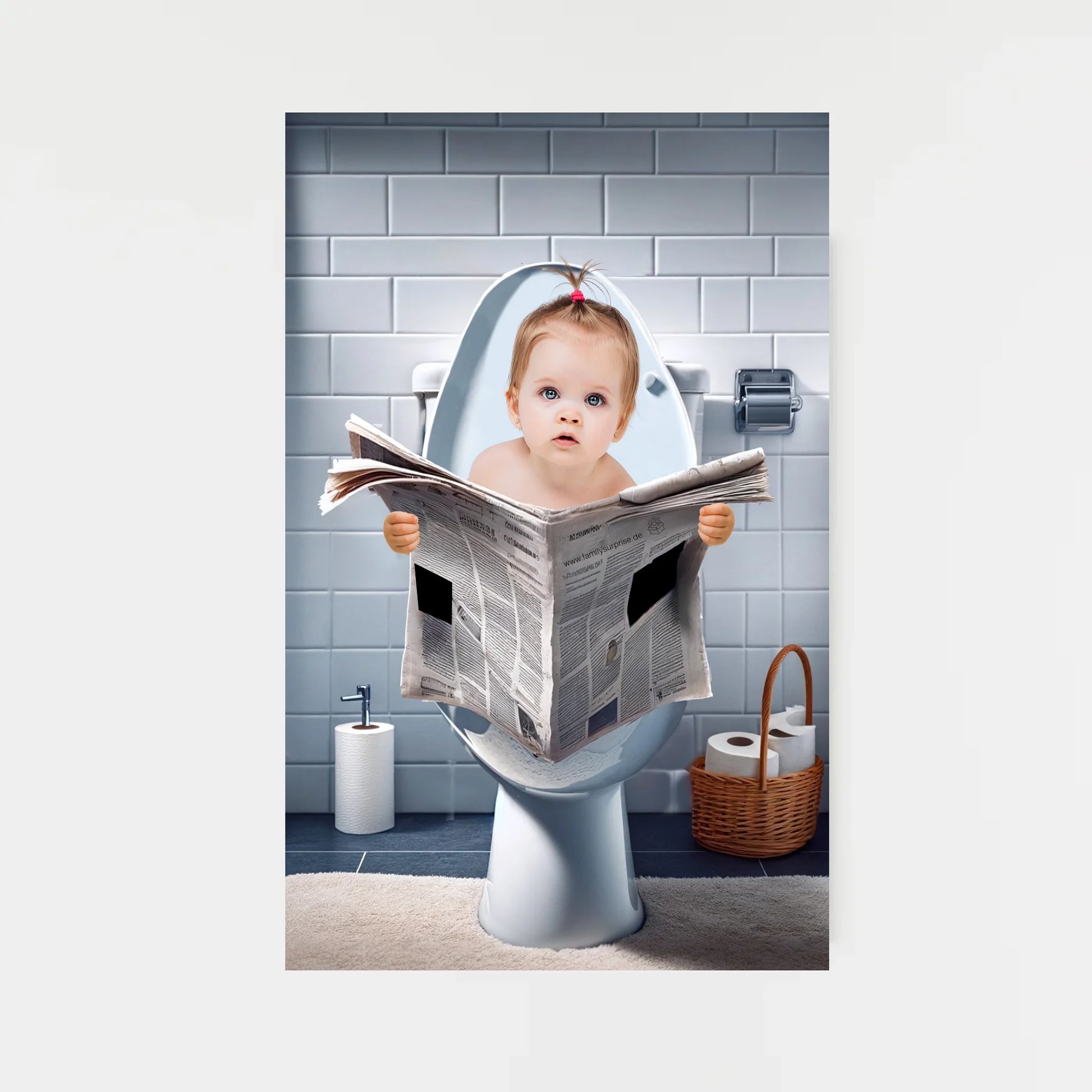 Poster mit Illustration eines Babys, das auf einer Toilette sitzt und eine Zeitung hält. Der Oberkörper ist personalisierbar, die Hände sind in verschiedenen Varianten auswählbar. Badezimmer-Hintergrund, Toilette und Zeitung bleiben fest.