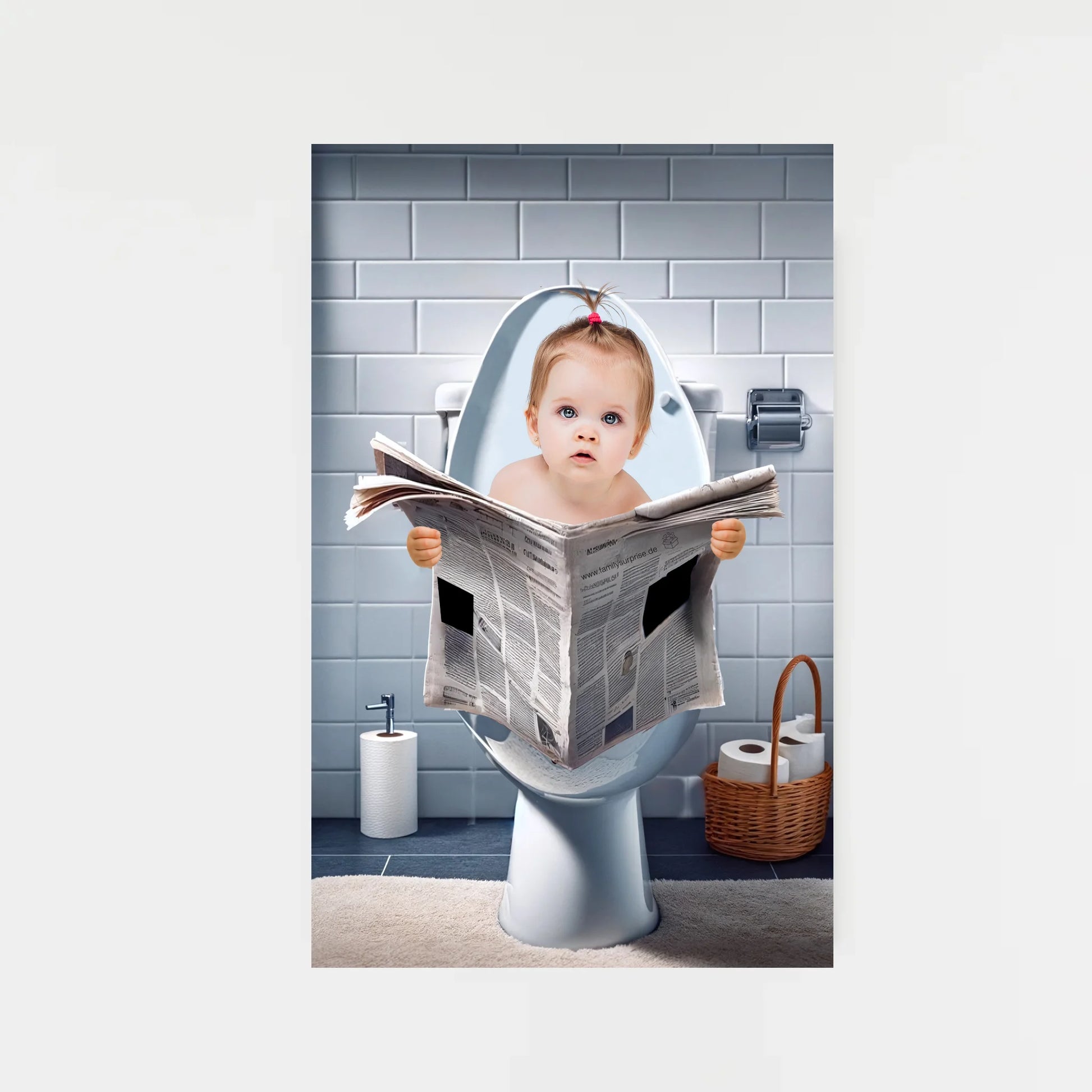 Poster mit Illustration eines Babys, das auf einer Toilette sitzt und eine Zeitung hält. Der Oberkörper ist personalisierbar, die Hände sind in verschiedenen Varianten auswählbar. Badezimmer-Hintergrund, Toilette und Zeitung bleiben fest.