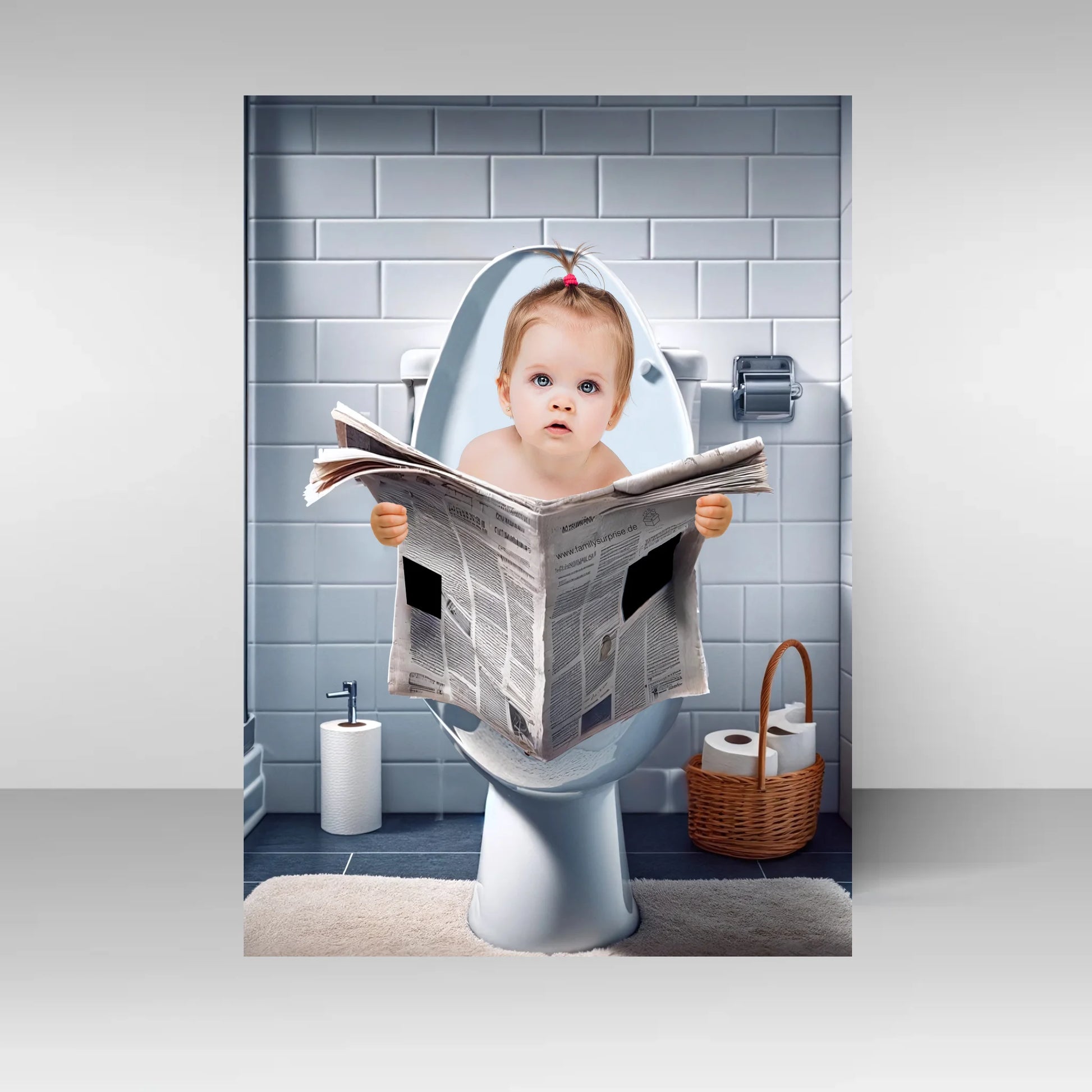 Poster mit Illustration eines Babys, das auf einer Toilette sitzt und eine Zeitung hält. Der Oberkörper ist personalisierbar, die Hände sind in verschiedenen Varianten auswählbar. Badezimmer-Hintergrund, Toilette und Zeitung bleiben fest.