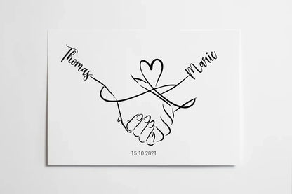 oster mit minimalistischer Zeichnung zweier Hände, die sich halten. Darüber eine geschwungene Linie in Herzform, links und rechts personalisierbare Namen. Unten Platz für ein Datum, hier als Beispiel 15.10.2021.