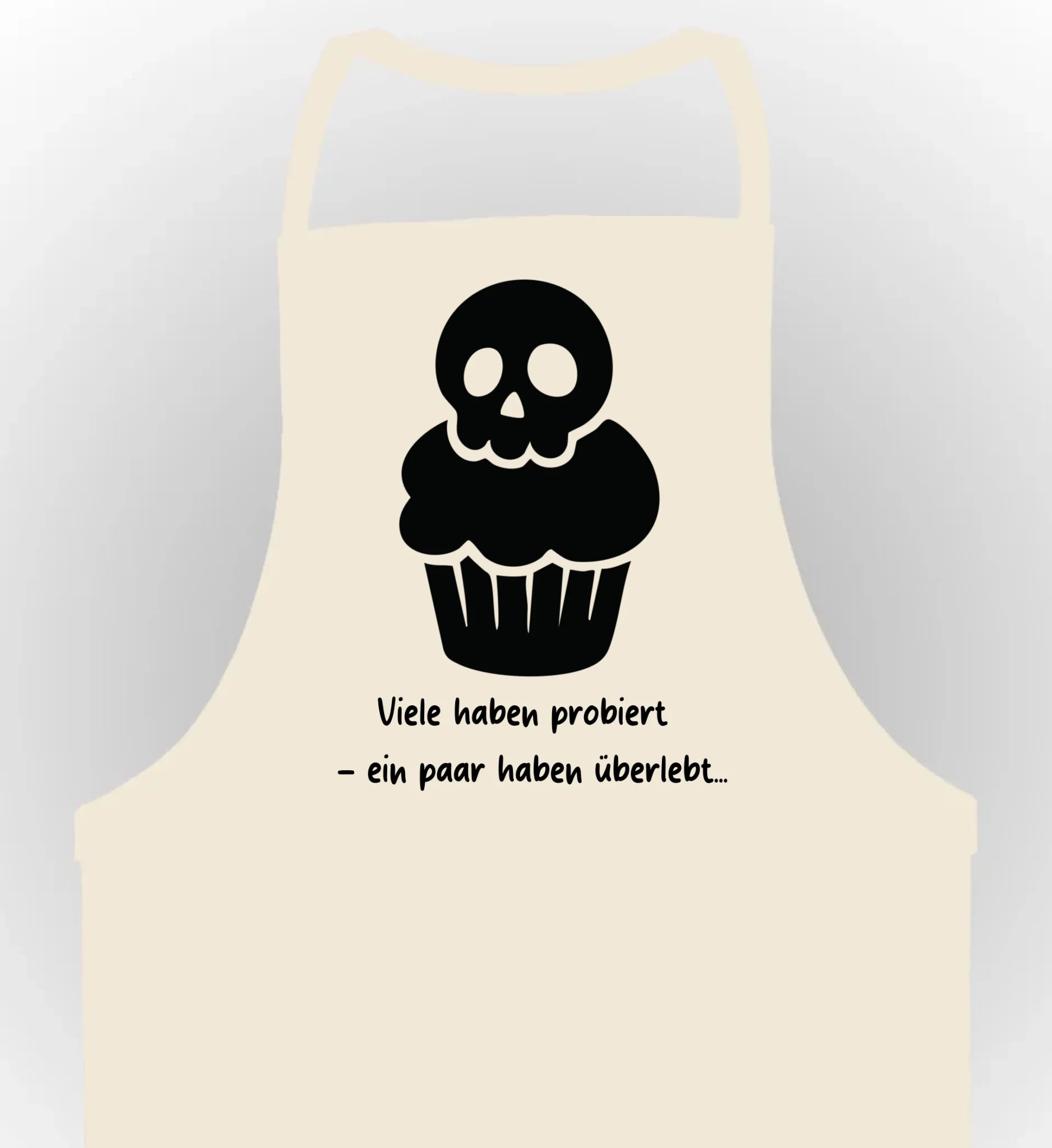 schürze beige mit muffin und dem Spruch iele haben probiert - en paar haben überlebt