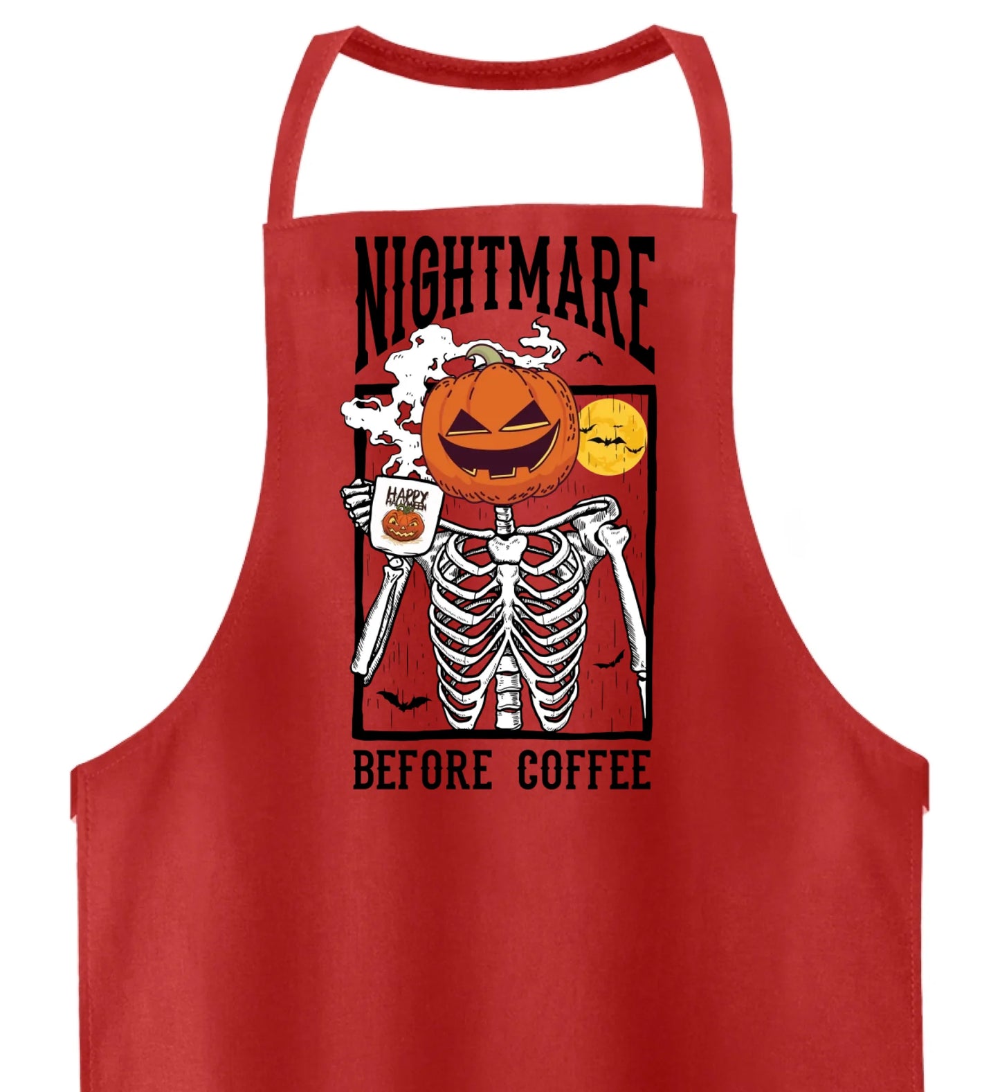 Rote Schürze mit einem skelett mit Kürbiskopf und dem Spruch Nightmare bevore Coffee