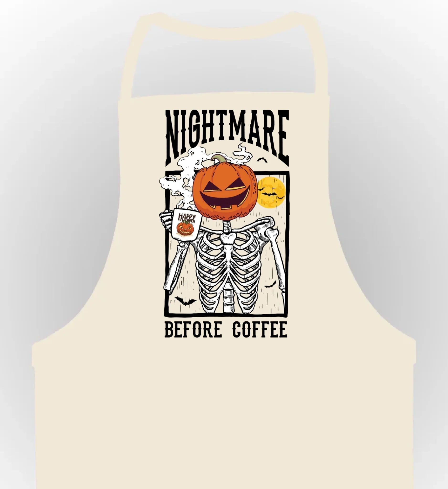 Beige Schürze mit einem skelett mit Kürbiskopf und dem Spruch Nightmare bevore Coffee