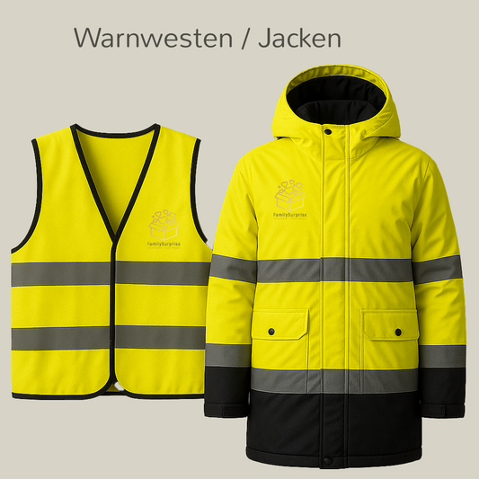 Gelbe Warnweste und gelbe Sicherheitsjacke mit reflektierenden Streifen und dem Logo „FamilySurprise“ auf einem Bildschirm dargestellt.